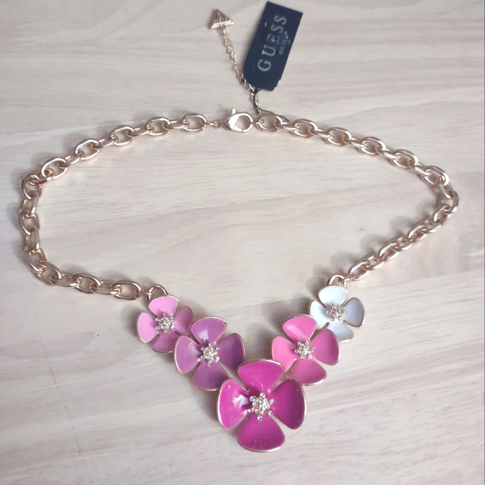 Guess Pink Blossom Flowers Crystal Gold Chain Statement Necklace Y2K Bling